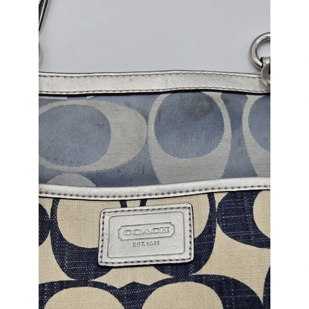 Coach Patchwork Signature Canvas Tote Bag/Purse Blue Cream Silver Buckle Straps - Picture 16 of 16